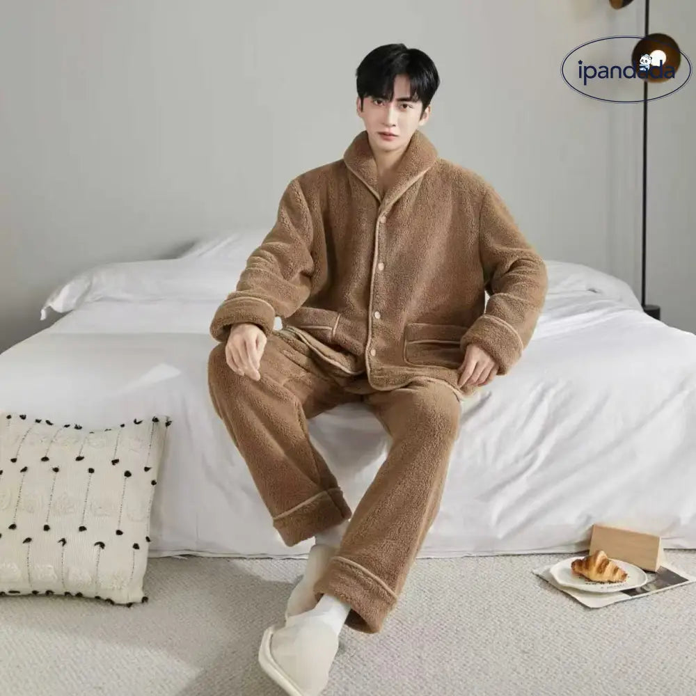 秋冬 ふわふわ コーラルフリース フランネル 男性 パジャマセット 厚手 保温 ID3092