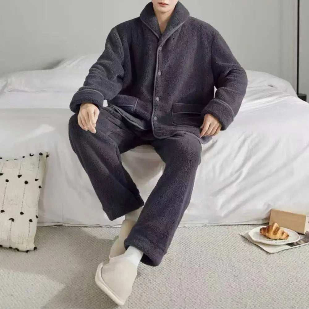 秋冬 ふわふわ コーラルフリース フランネル 男性 パジャマセット 厚手 保温 ID3092