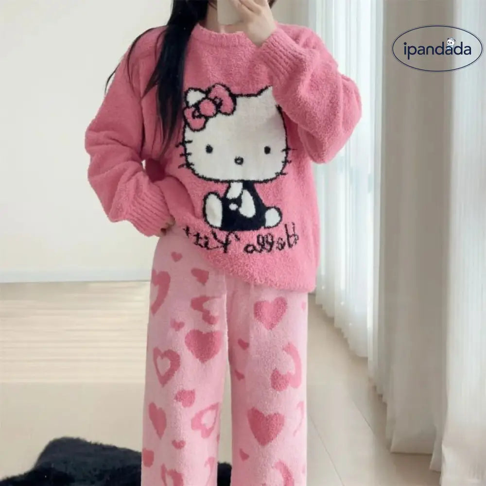 秋冬 ふわふわ パジャマ かわいい KT猫  インスタ 人気 保温 厚手 パジャマ レディース 少女 ラウンドネック 甘い ホームウェア 暖かい 柔らかい 快適 おしゃれ ルームウェア 自宅用 リラックス 着心地 ナチュラル ID2490