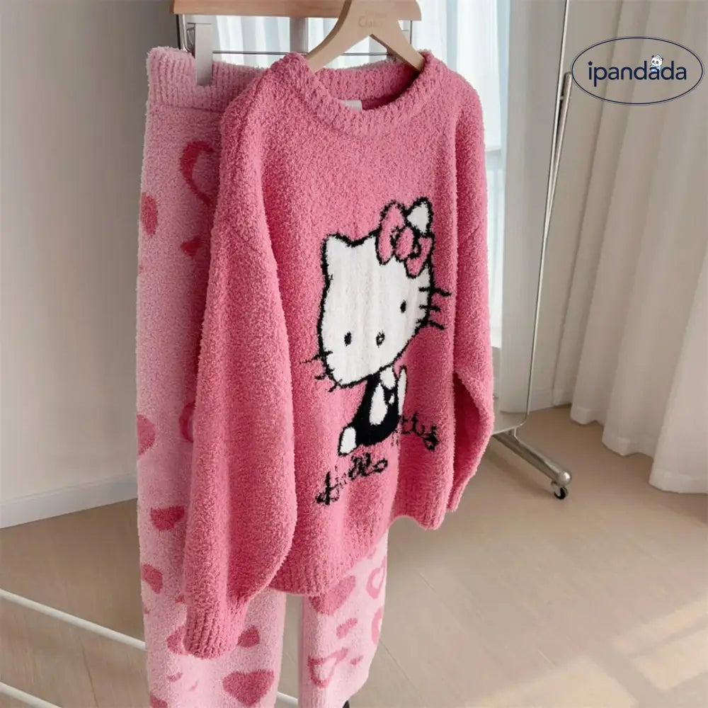 秋冬 ふわふわ パジャマ かわいい KT猫  インスタ 人気 保温 厚手 パジャマ レディース 少女 ラウンドネック 甘い ホームウェア 暖かい 柔らかい 快適 おしゃれ ルームウェア 自宅用 リラックス 着心地 ナチュラル ID2490