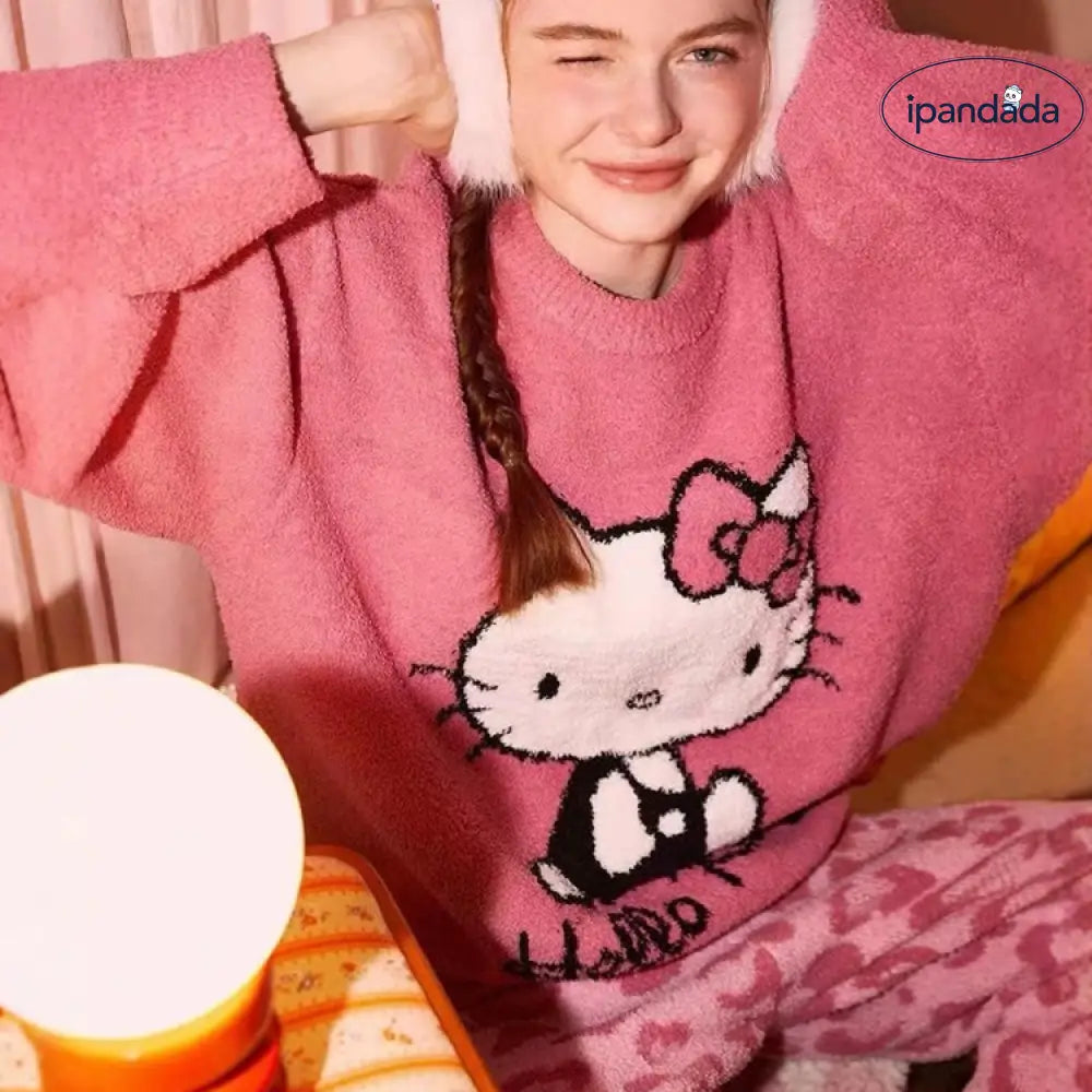 秋冬 ふわふわ パジャマ かわいい KT猫  インスタ 人気 保温 厚手 パジャマ レディース 少女 ラウンドネック 甘い ホームウェア 暖かい 柔らかい 快適 おしゃれ ルームウェア 自宅用 リラックス 着心地 ナチュラル ID2490