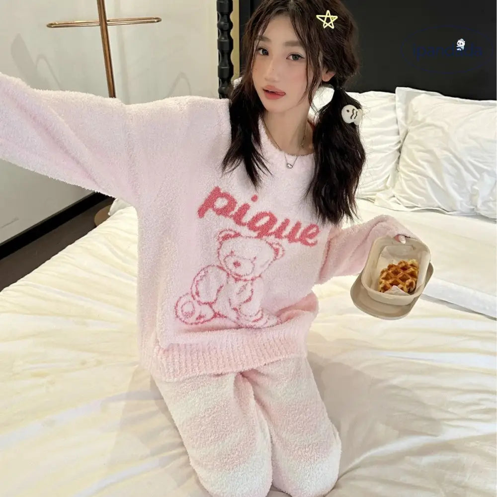 秋冬 高級 新作 パジャマ カップル ゆったり ライン ドゥ・ベア ソフト フワフワ レディース ルームウェア パジャマ セット ID2951