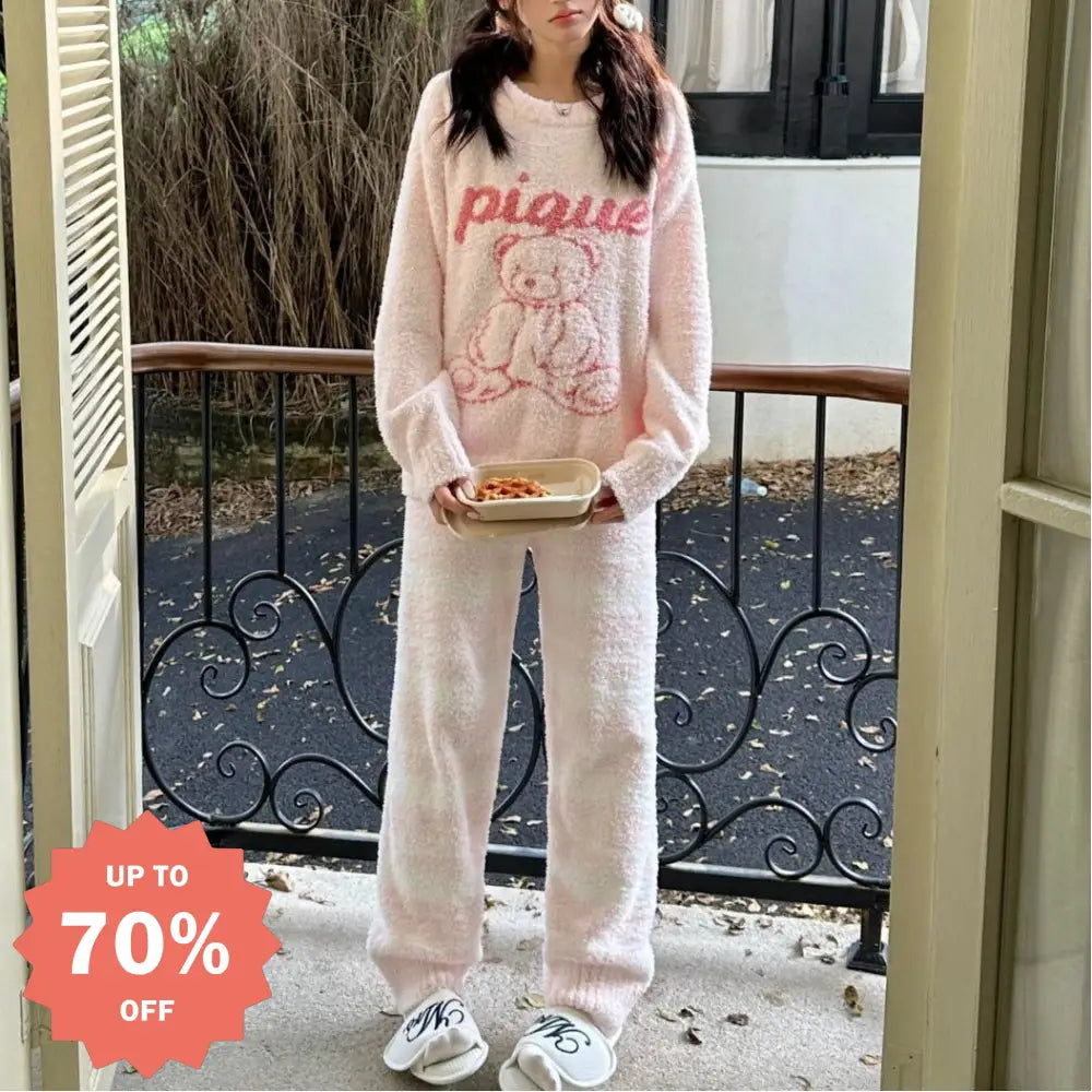 秋冬 高級 新作 パジャマ カップル ゆったり ライン ドゥ・ベア ソフト フワフワ レディース ルームウェア パジャマ セット ID2951