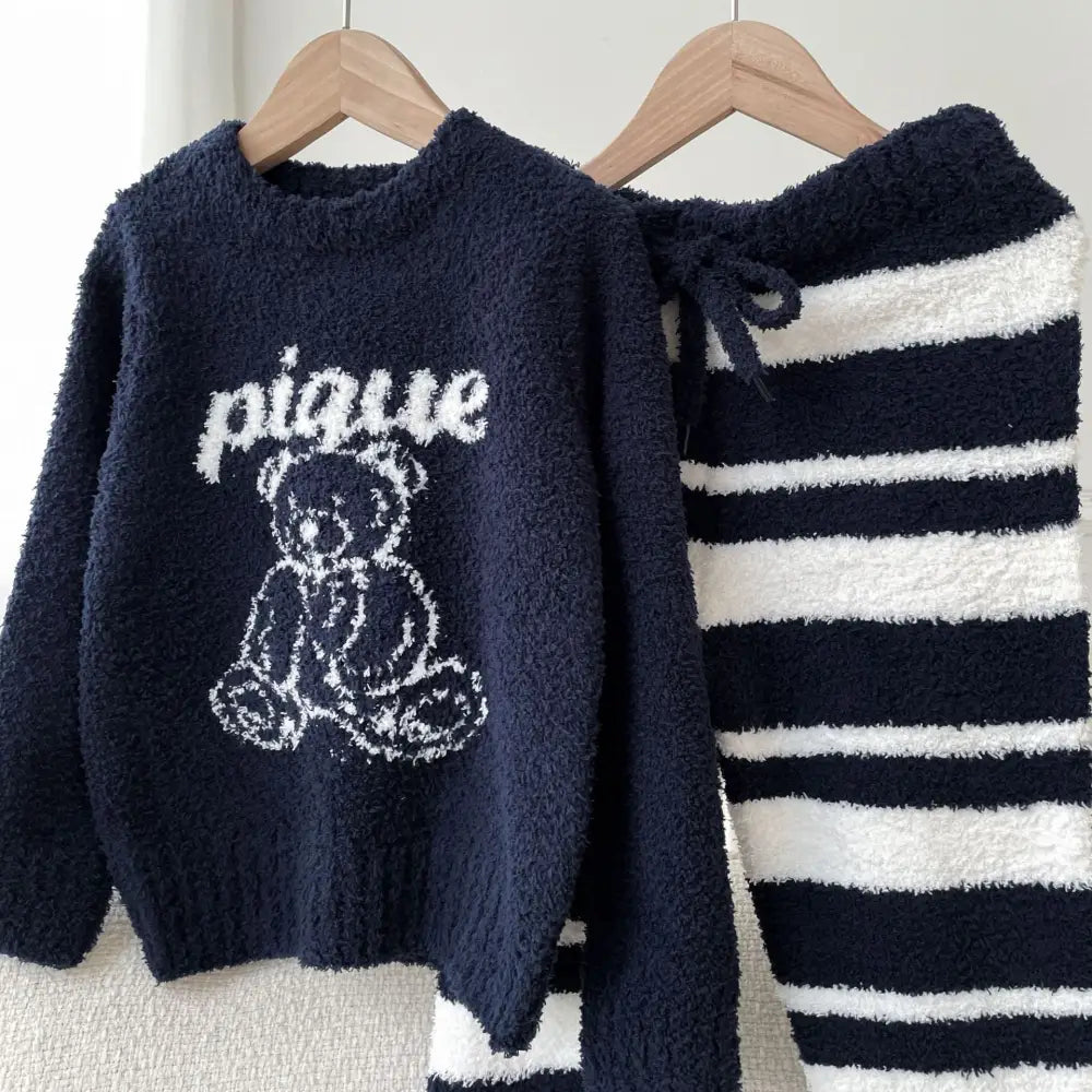 秋冬 高級 新作 パジャマ カップル ゆったり ライン ドゥ・ベア ソフト フワフワ レディース ルームウェア パジャマ セット ID2951 女性 ネイビー / フリー