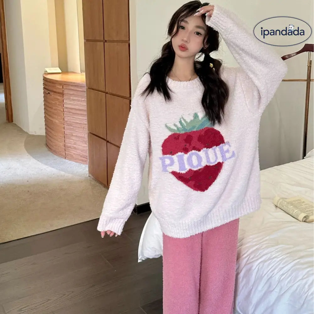 秋冬 高級 新作 ゆったり 可愛い いちご ふわふわ レディース ルームウェア パジャマ セット ID2886
