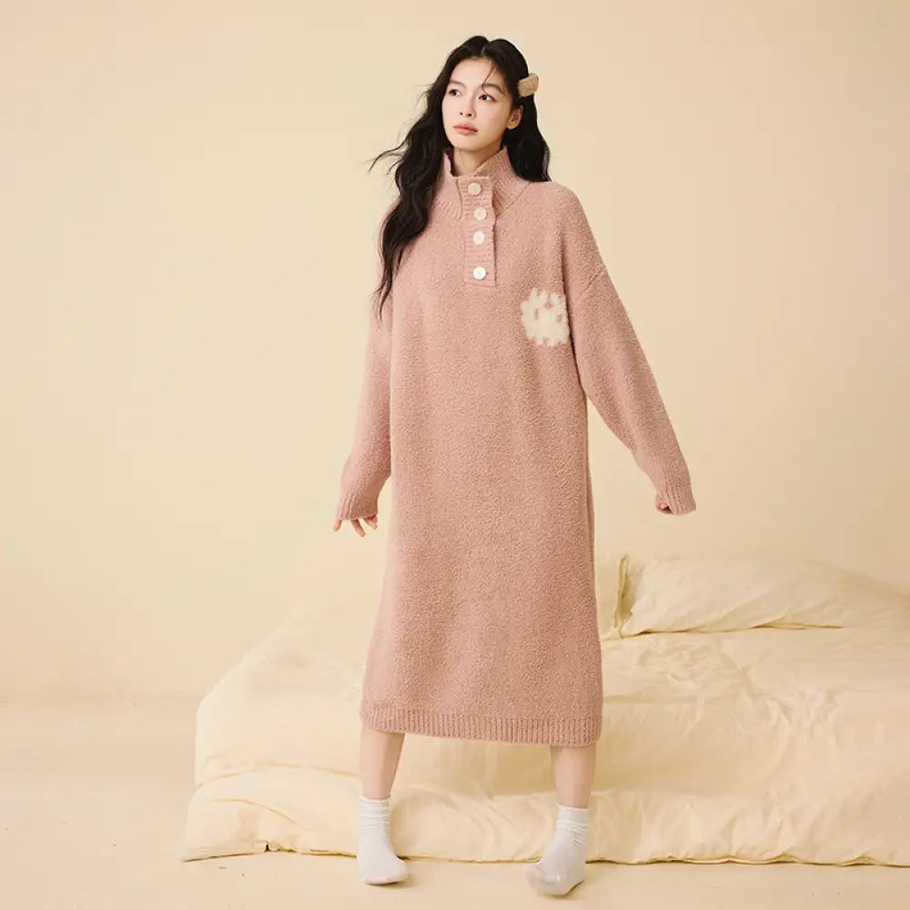 秋冬 ハイネック ボタン ゆったり 半フリース ナイトガウン 無地 気質 ロングドレス 翻领 厚手 パジャマ ID2941 ピンク / M