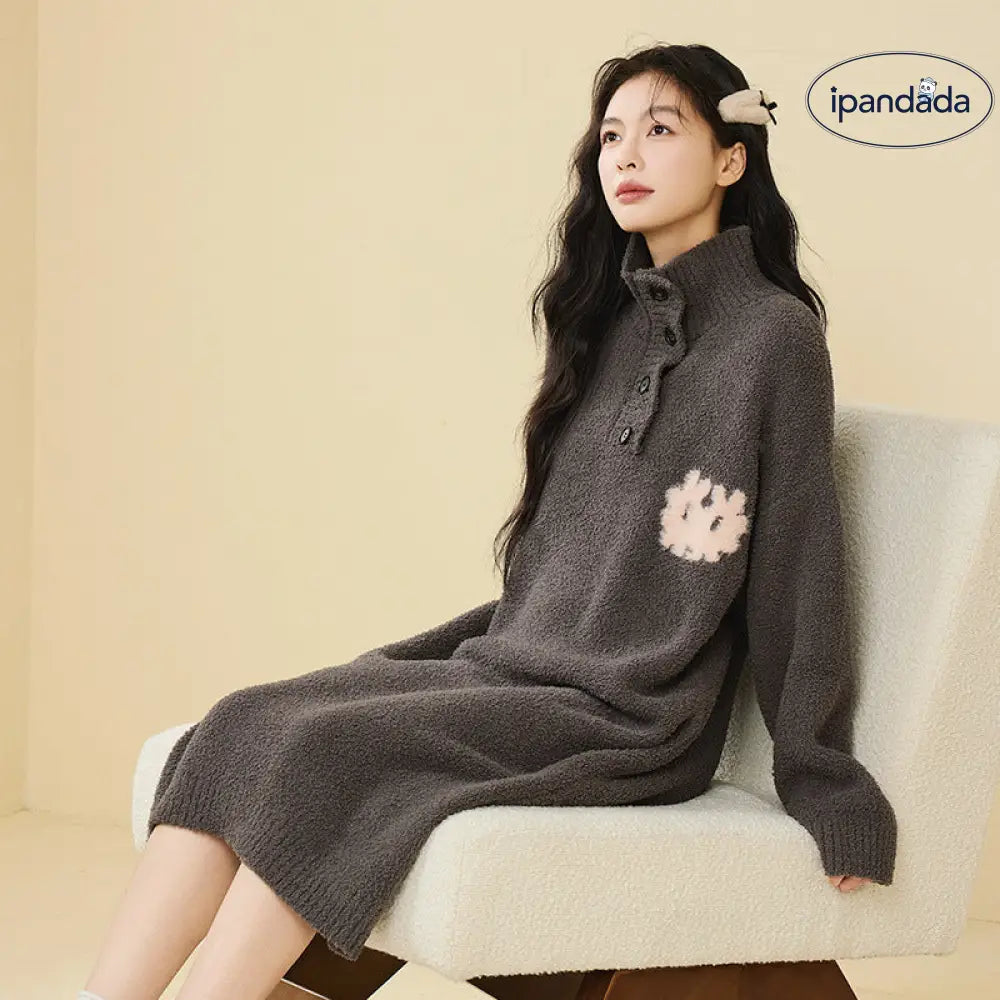 秋冬 ハイネック ボタン ゆったり 半フリース ナイトガウン 無地 気質 ロングドレス 翻领 厚手 パジャマ ID2941