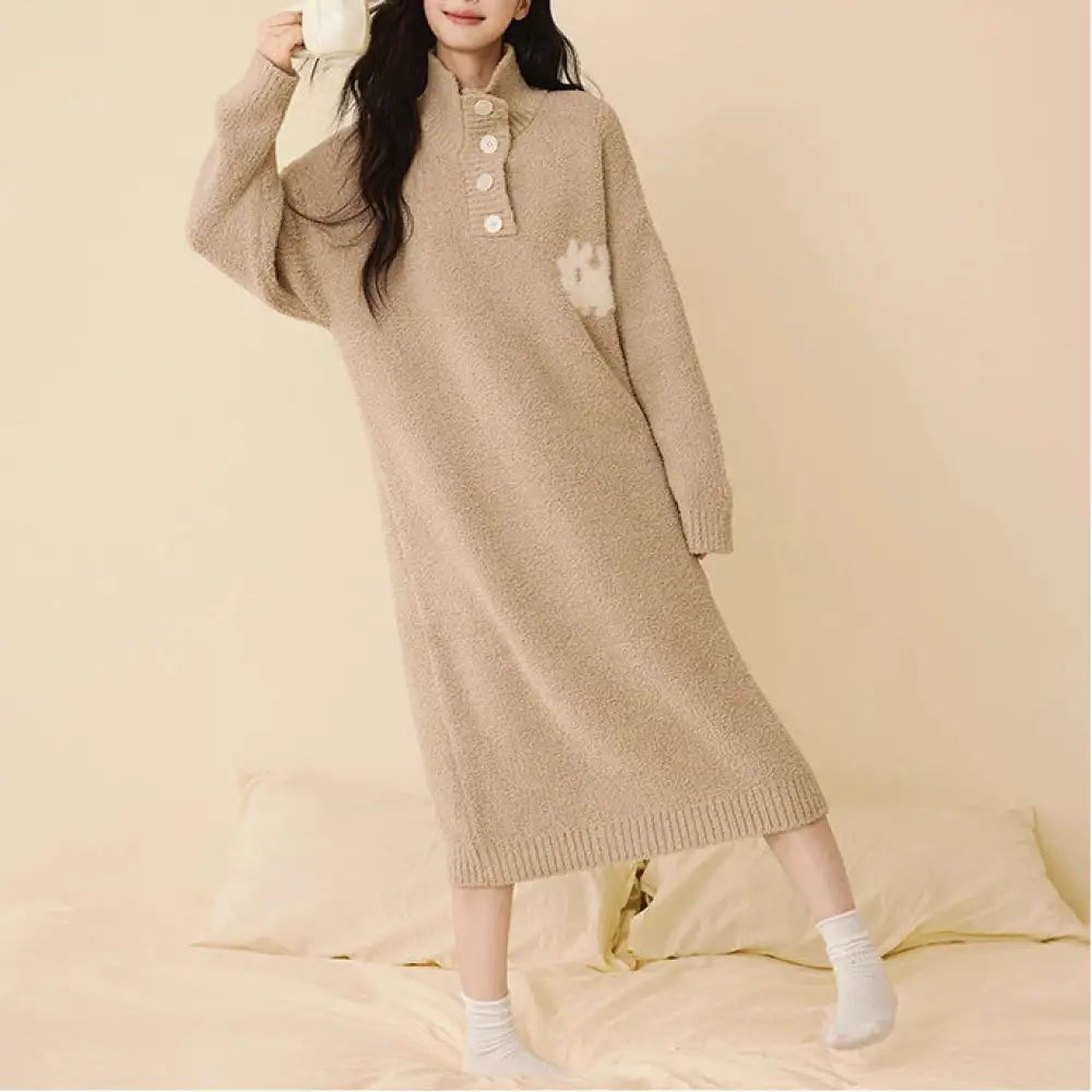 秋冬 ハイネック ボタン ゆったり 半フリース ナイトガウン 無地 気質 ロングドレス 翻领 厚手 パジャマ ID2941