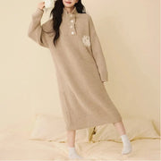 秋冬 ハイネック ボタン ゆったり 半フリース ナイトガウン 無地 気質 ロングドレス 翻领 厚手 パジャマ ID2941