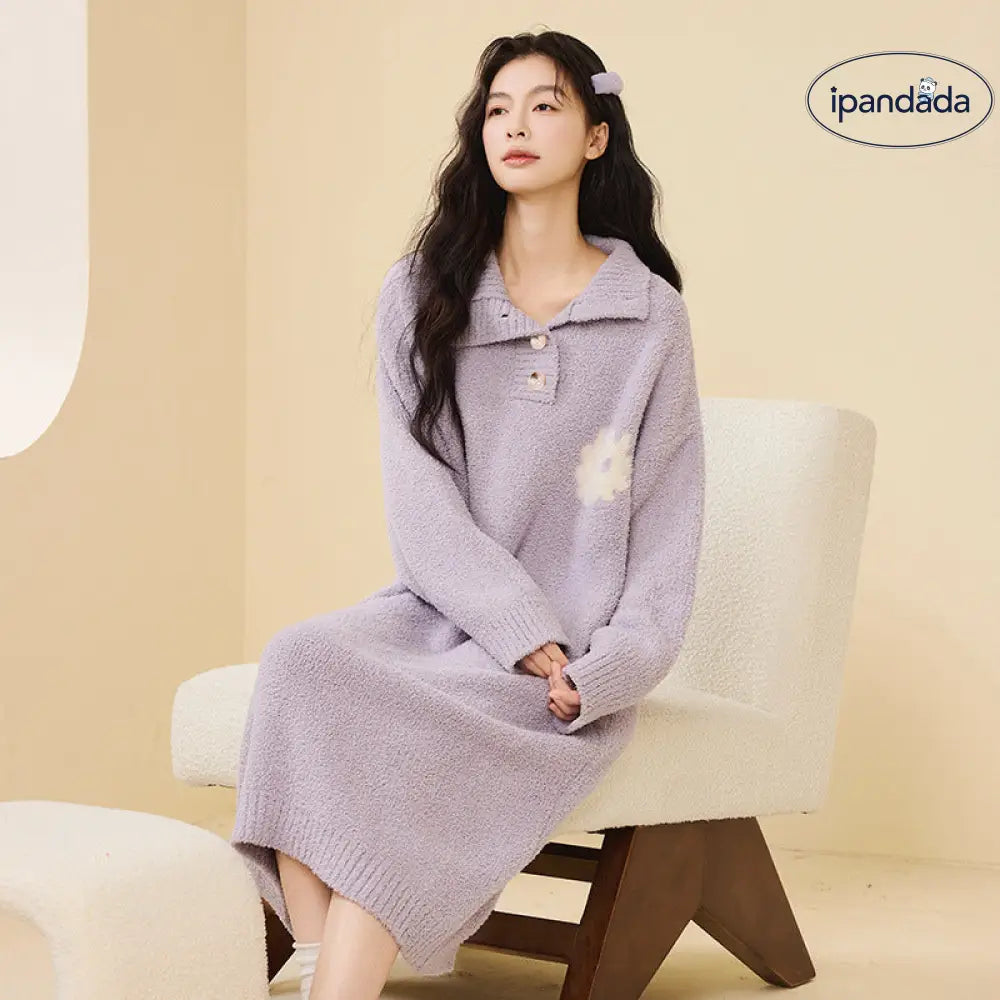 秋冬 ハイネック ボタン ゆったり 半フリース ナイトガウン 無地 気質 ロングドレス 翻领 厚手 パジャマ ID2941