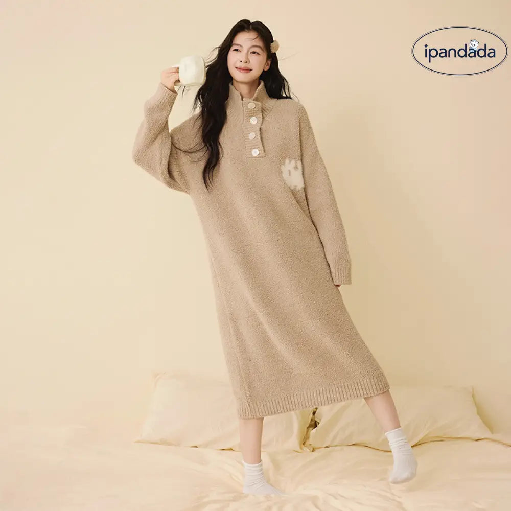 秋冬 ハイネック ボタン ゆったり 半フリース ナイトガウン 無地 気質 ロングドレス 翻领 厚手 パジャマ ID2941