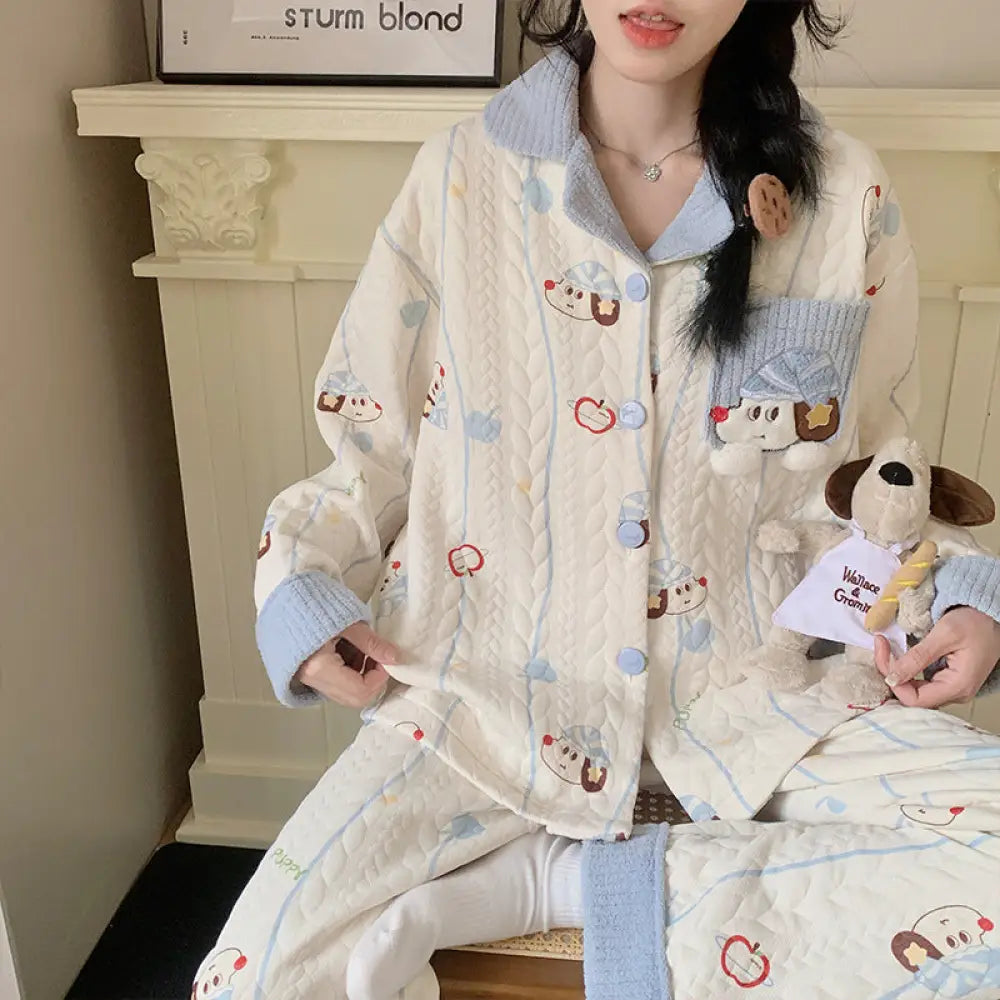 秋冬 インサート パジャマ ファー襟 開きボタン ルームウェア INS風 かわいくて カートゥーン ダックスフンド ID3115