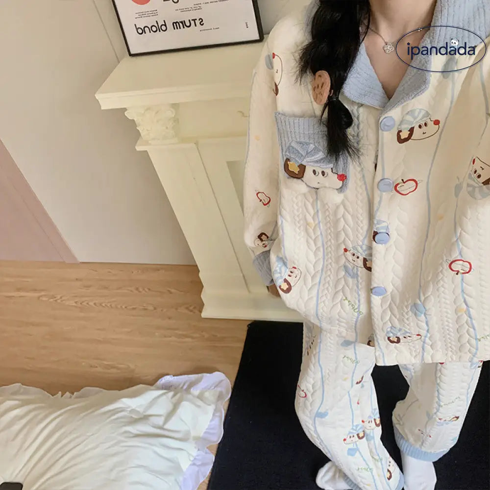 秋冬 インサート パジャマ ファー襟 開きボタン ルームウェア INS風 かわいくて カートゥーン ダックスフンド ID3115