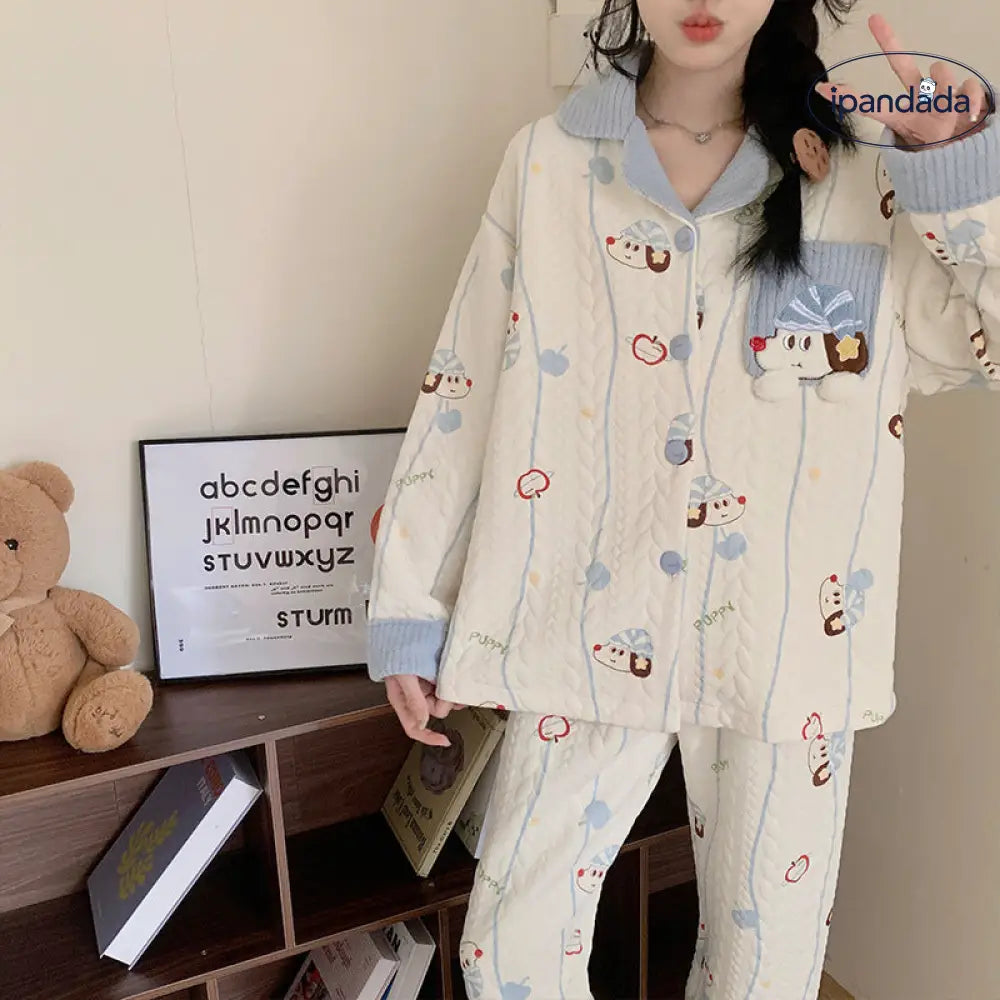 秋冬 インサート パジャマ ファー襟 開きボタン ルームウェア INS風 かわいくて カートゥーン ダックスフンド ID3115