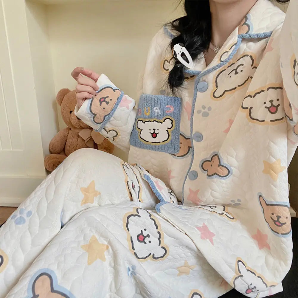 秋冬 インサート パジャマ ファー襟 開きボタン ルームウェア INS風 かわいくて カートゥーン ダックスフンド ID3115 タイプ⑤ / M