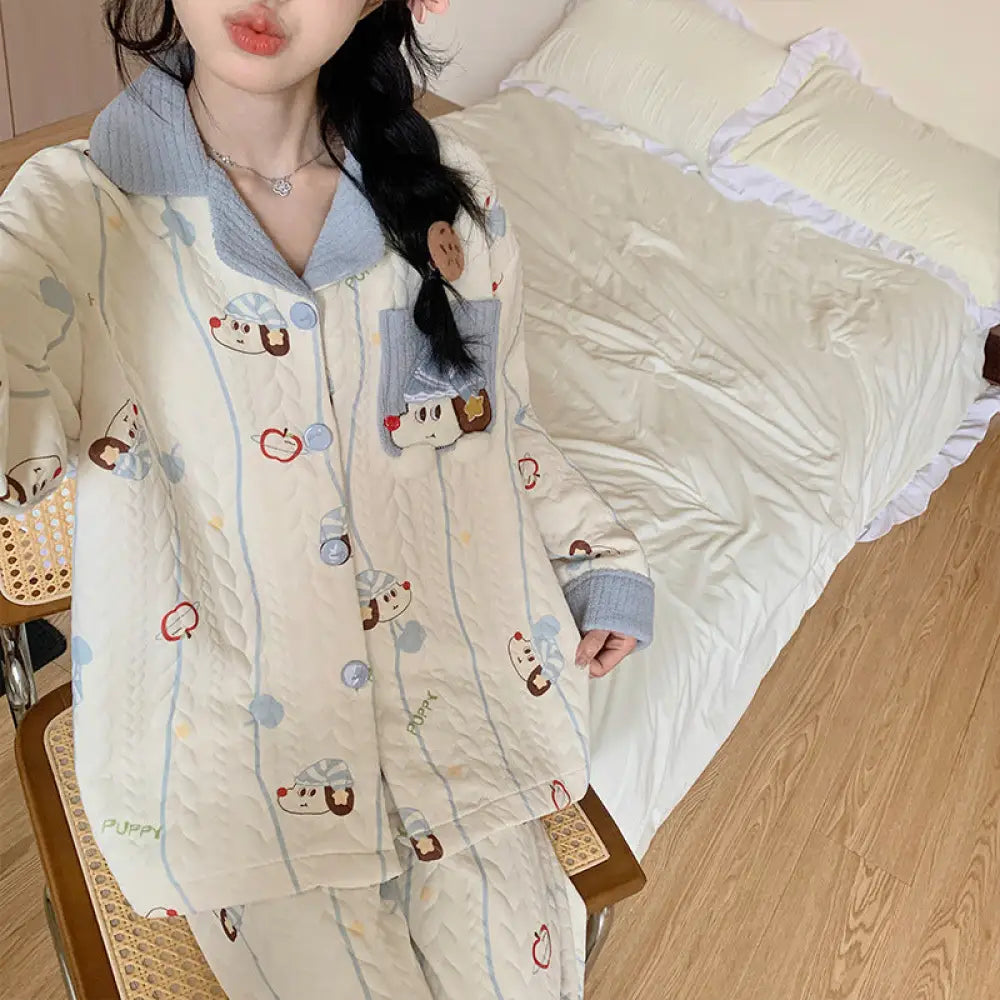 秋冬 インサート パジャマ ファー襟 開きボタン ルームウェア INS風 かわいくて カートゥーン ダックスフンド ID3115 タイプ① / M