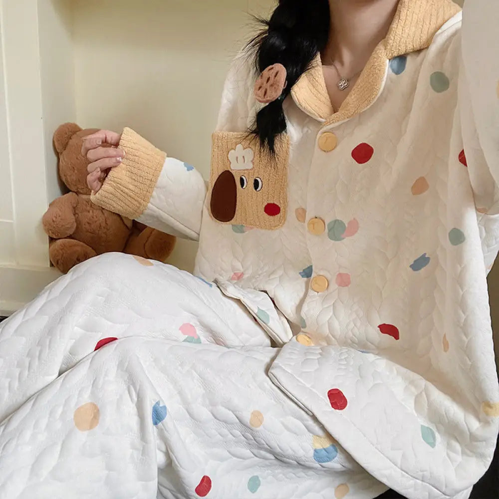 秋冬 インサート パジャマ ファー襟 開きボタン ルームウェア INS風 かわいくて カートゥーン ダックスフンド ID3115 タイプ⑦ / M