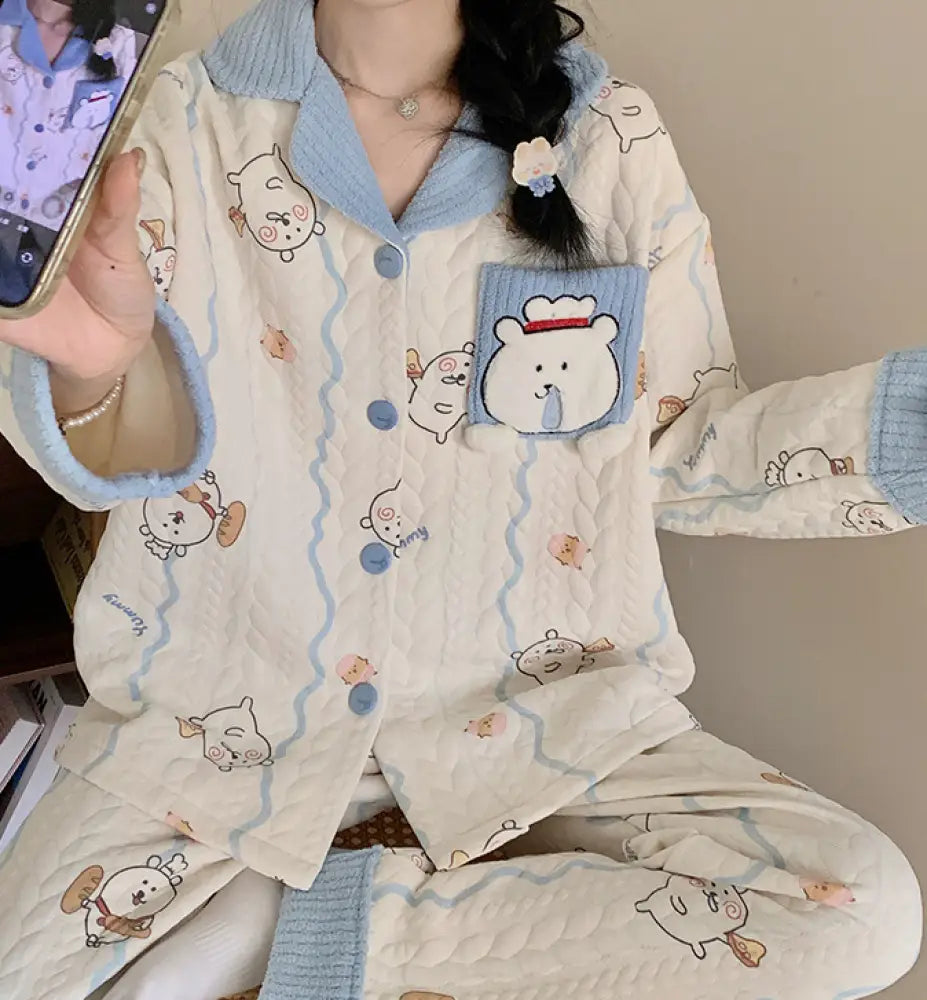 秋冬 インサート パジャマ ファー襟 開きボタン ルームウェア INS風 かわいくて カートゥーン ダックスフンド ID3115 タイプ② / M