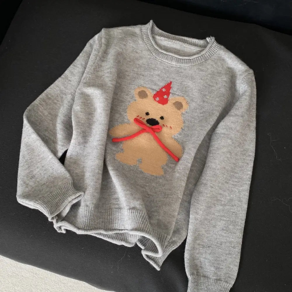 秋冬 ジャカード ニット セーター デザイン感 保温 スリム フェルデッド ベア パンチ ニット レディース ID2670 グレー / フリー