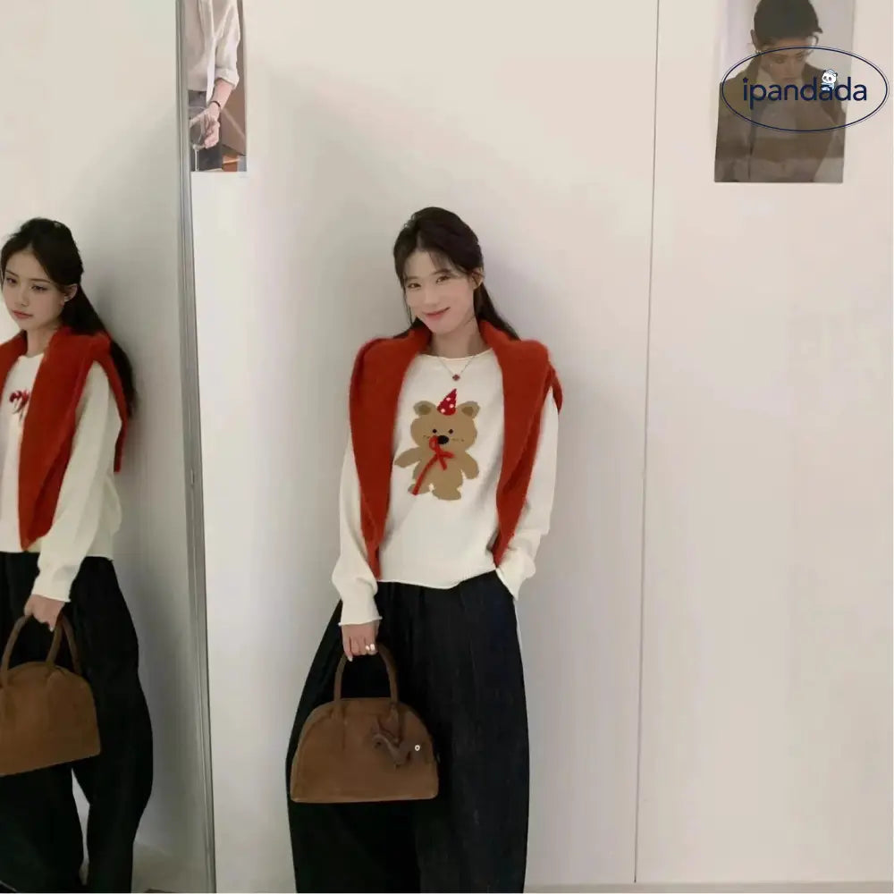 秋冬 ジャカード ニット セーター デザイン感 保温 スリム フェルデッド ベア パンチ ニット レディース ID2670