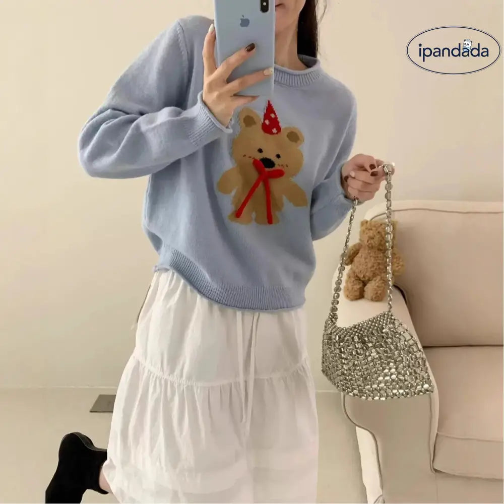 秋冬 ジャカード ニット セーター デザイン感 保温 スリム フェルデッド ベア パンチ ニット レディース ID2670