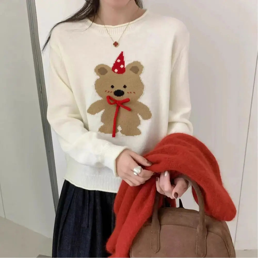 秋冬 ジャカード ニット セーター デザイン感 保温 スリム フェルデッド ベア パンチ ニット レディース ID2670