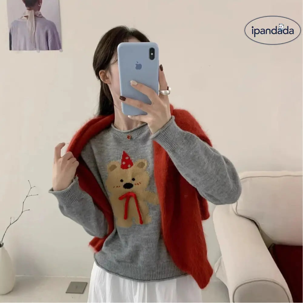 秋冬 ジャカード ニット セーター デザイン感 保温 スリム フェルデッド ベア パンチ ニット レディース ID2670