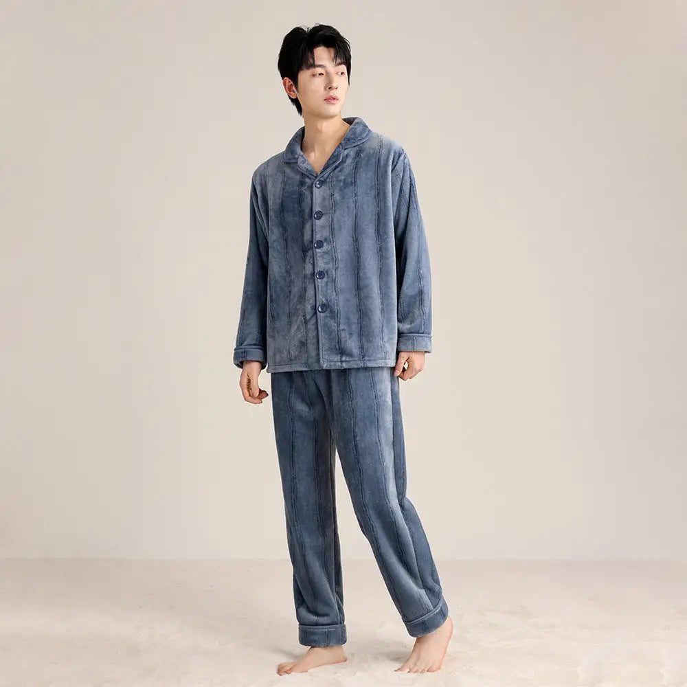 秋冬 カップル フリース パジャマ シンプル 襟付き ストライプ カーディガン 男女兼用 保温 カジュアル ルームウェア セット ID2702 ブルー / レディースＭ