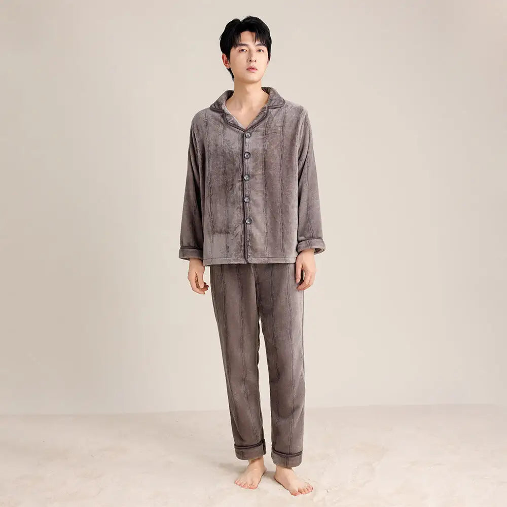 秋冬 カップル フリース パジャマ シンプル 襟付き ストライプ カーディガン 男女兼用 保温 カジュアル ルームウェア セット ID2702 グレー / レディースＭ