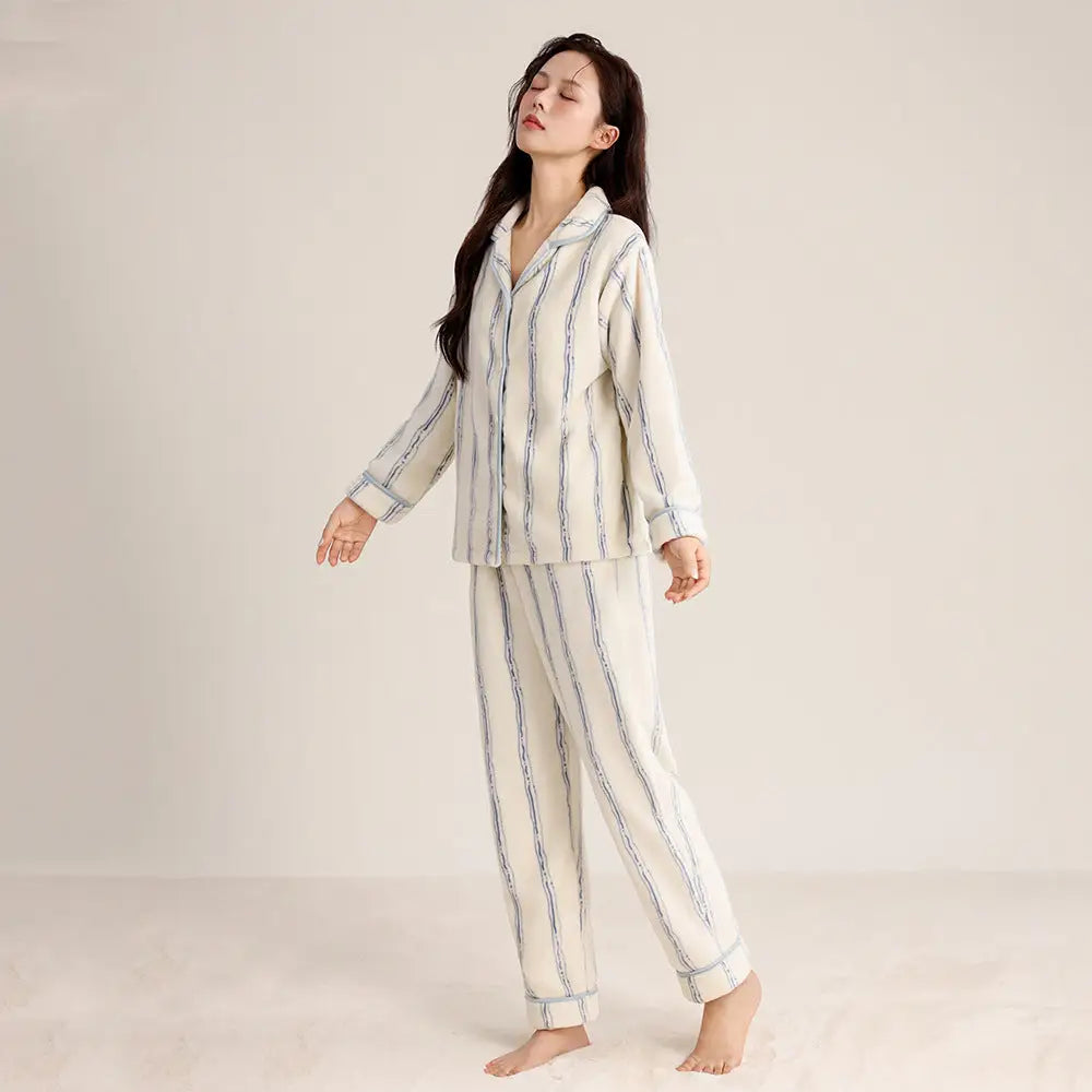 秋冬 カップル フリース パジャマ シンプル 襟付き ストライプ カーディガン 男女兼用 保温 カジュアル ルームウェア セット ID2702 ホワイト / レディースＭ