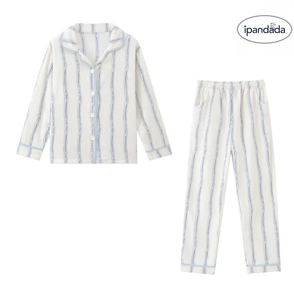 秋冬 カップル フリース パジャマ シンプル 襟付き ストライプ カーディガン 男女兼用 保温 カジュアル ルームウェア セット ID2702