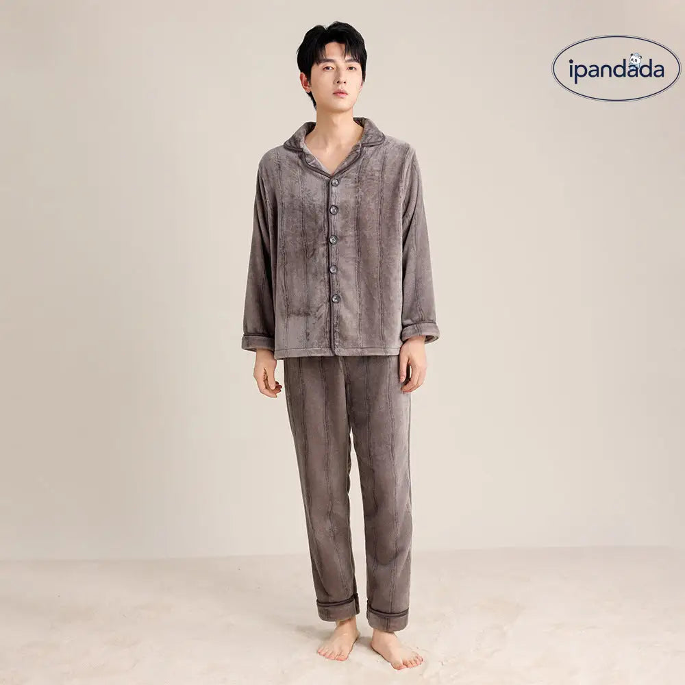 秋冬 カップル フリース パジャマ シンプル 襟付き ストライプ カーディガン 男女兼用 保温 カジュアル ルームウェア セット ID2702