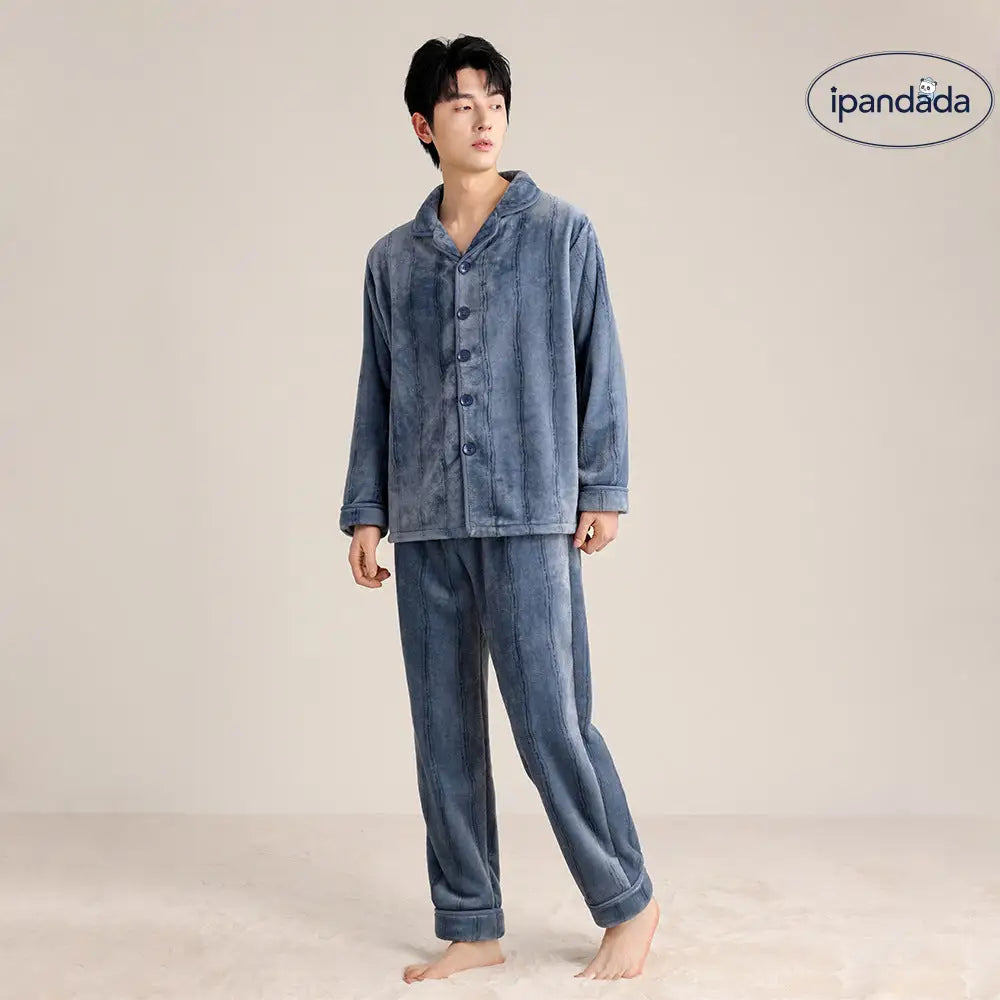 秋冬 カップル フリース パジャマ シンプル 襟付き ストライプ カーディガン 男女兼用 保温 カジュアル ルームウェア セット ID2702