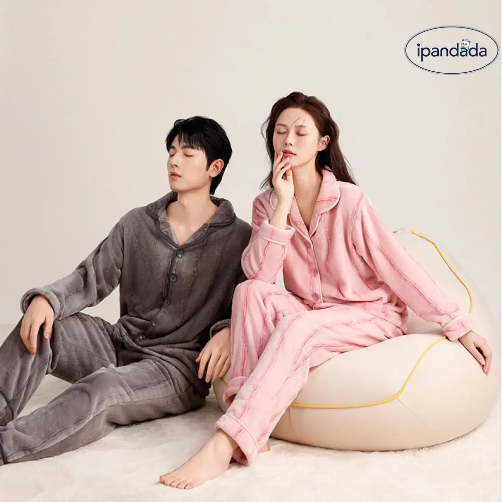 秋冬 カップル フリース パジャマ シンプル 襟付き ストライプ カーディガン 男女兼用 保温 カジュアル ルームウェア セット ID2702