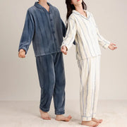 秋冬 カップル フリース パジャマ シンプル 襟付き ストライプ カーディガン 男女兼用 保温 カジュアル ルームウェア セット ID2702