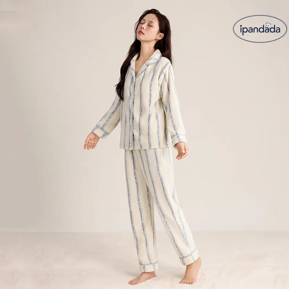 秋冬 カップル フリース パジャマ シンプル 襟付き ストライプ カーディガン 男女兼用 保温 カジュアル ルームウェア セット ID2702