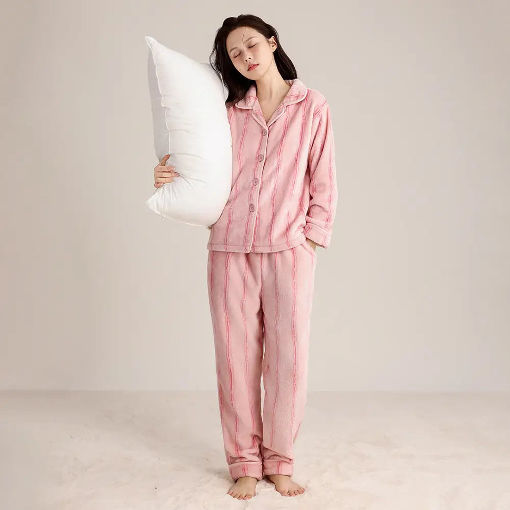 秋冬 カップル フリース パジャマ シンプル 襟付き ストライプ カーディガン 男女兼用 保温 カジュアル ルームウェア セット ID2702 ピンク / レディースＭ