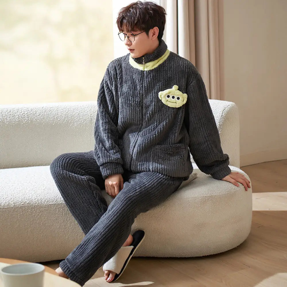 秋冬 カップル パジャマ コーラルフリース 厚手 保温 ルームウェア 男女兼用 冬 カジュアルスタイル セット ID3742 写真通り / メンズL
