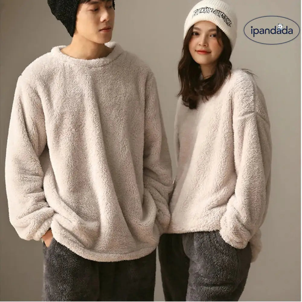 秋冬 カップル用 パジャマ 男女兼用 コーラルフリース フランネル モコモコ シンプル プルオーバー クリスマス ギフト ID3493 コーディネート＞ペアルック