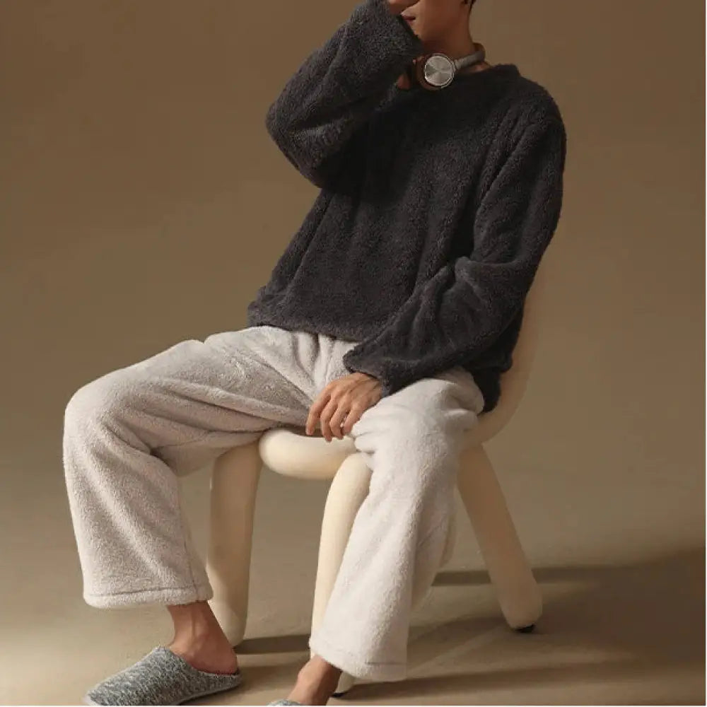 秋冬 カップル用 パジャマ 男女兼用 コーラルフリース フランネル モコモコ シンプル プルオーバー クリスマス ギフト ID3493 タイプ② / メンズL / ストレートカット コーディネート＞ペアルック