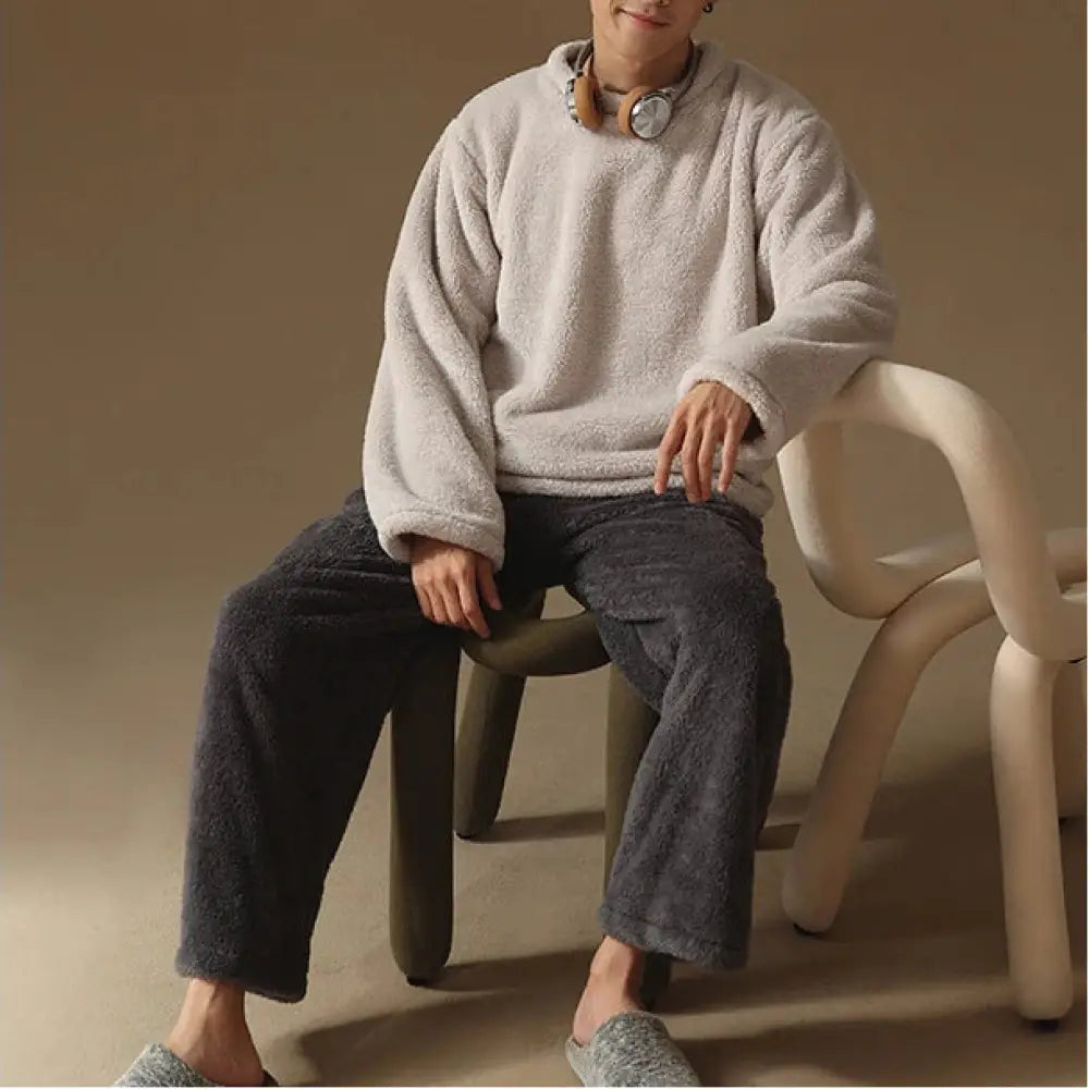 秋冬 カップル用 パジャマ 男女兼用 コーラルフリース フランネル モコモコ シンプル プルオーバー クリスマス ギフト ID3493 タイプ① / メンズL / ストレートカット コーディネート＞ペアルック