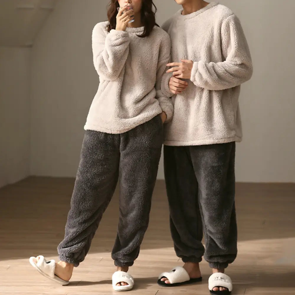 秋冬 カップル用 パジャマ 男女兼用 コーラルフリース フランネル モコモコ シンプル プルオーバー クリスマス ギフト ID3493 タイプ① / レディースＭ / ストレートカット コーディネート＞ペアルック