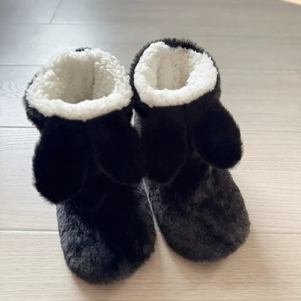 秋冬 可愛い うさぎ耳 室内 中筒 ソフトソール フローリングブーツ 厚手 滑り止め 保温 室内シューズ ルームシューズ ID2596 ブラック / 22-23.5cm