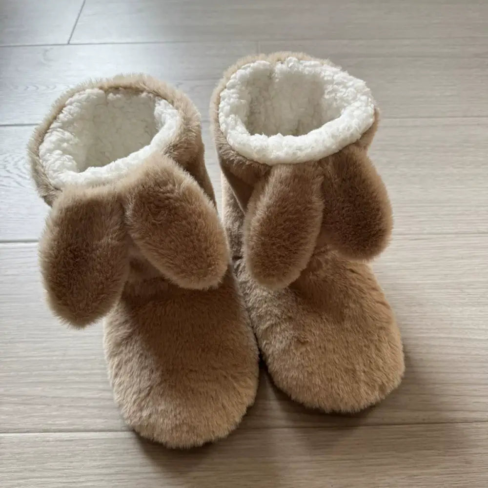 秋冬 可愛い うさぎ耳 室内 中筒 ソフトソール フローリングブーツ 厚手 滑り止め 保温 室内シューズ ルームシューズ ID2596 カーキ / 22-23.5cm