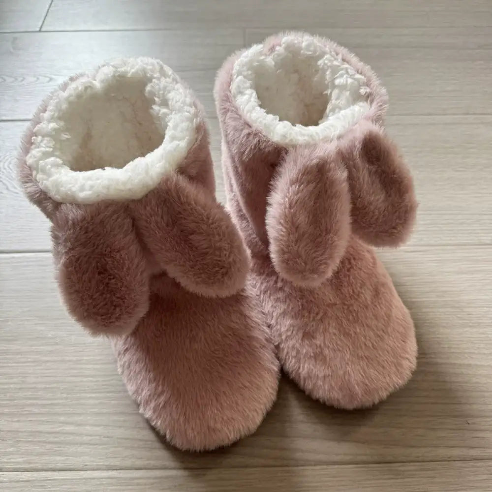 秋冬 可愛い うさぎ耳 室内 中筒 ソフトソール フローリングブーツ 厚手 滑り止め 保温 室内シューズ ルームシューズ ID2596 ピンク / 22-23.5cm