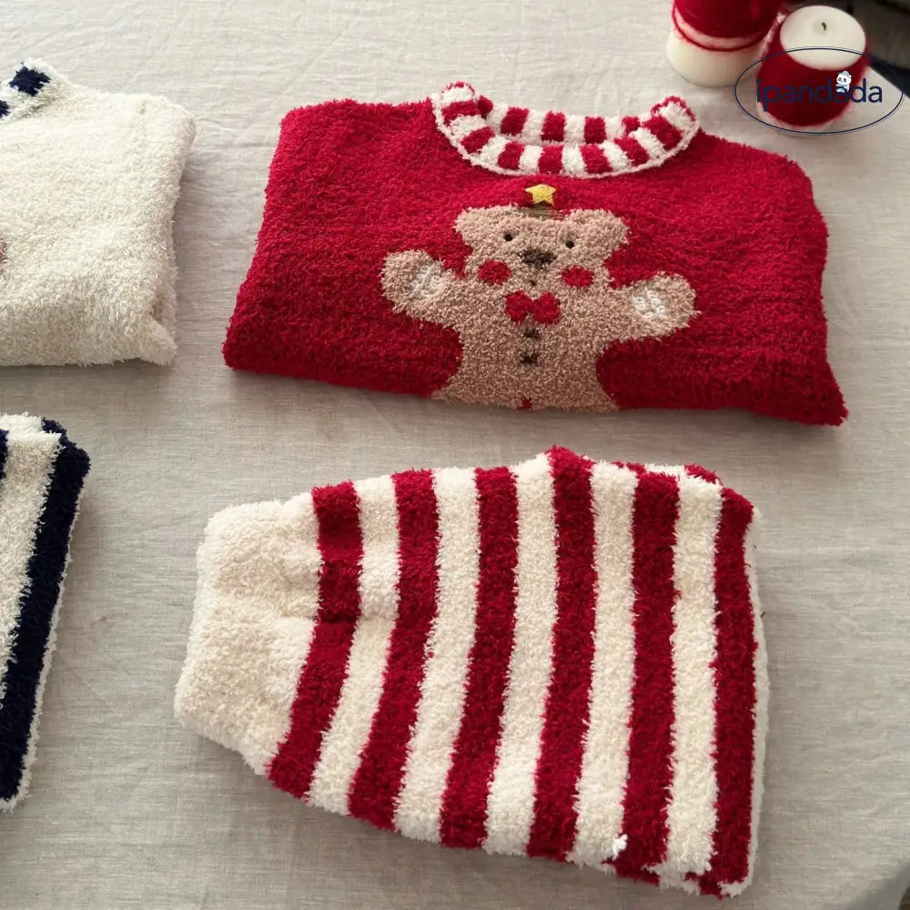 秋冬 キッズ 休闲 ゆったり 半分フリース ルームウェア セットアップ 男女兼用 中・小童 クリスマス クマ キャラクター パジャマ ID2671