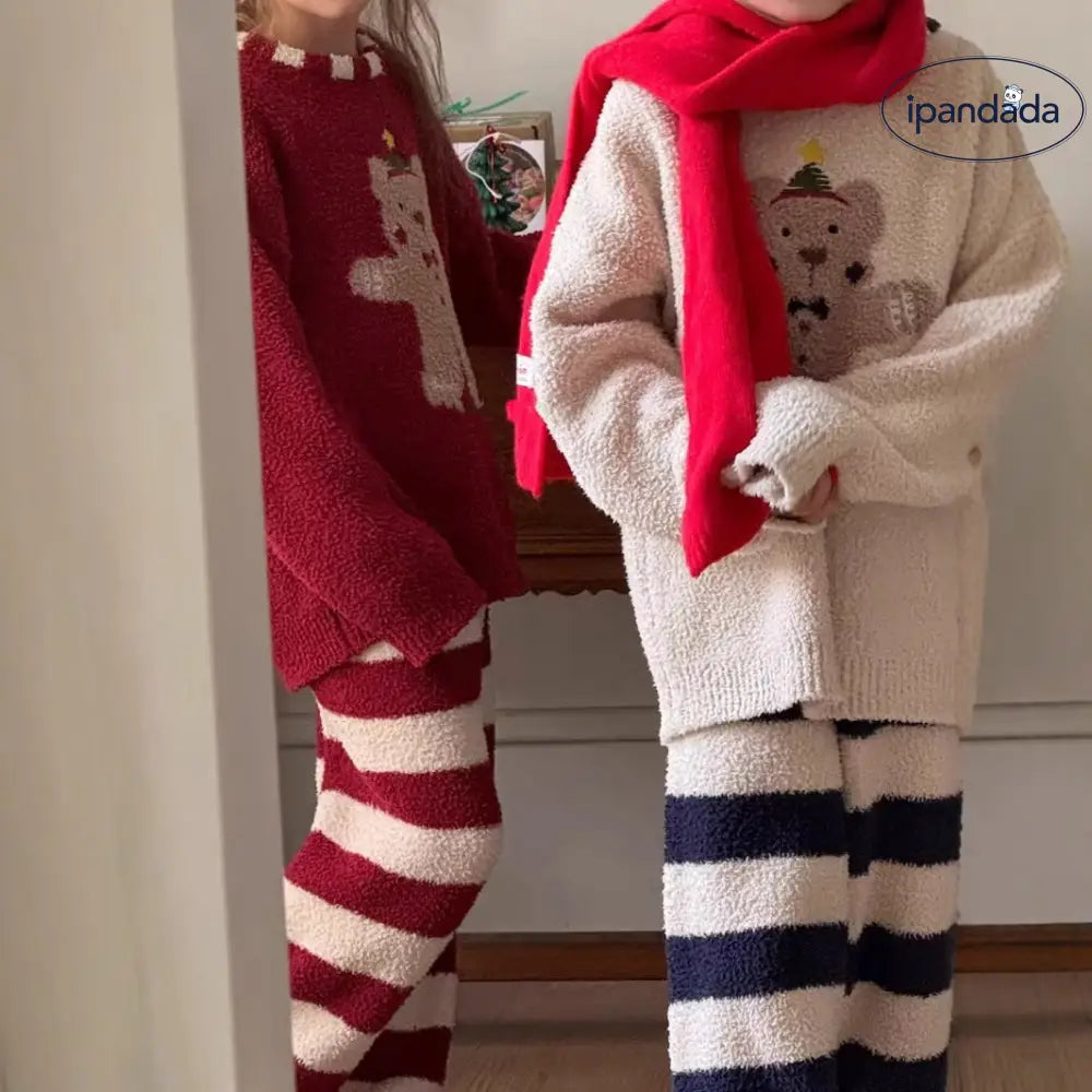 秋冬 キッズ 休闲 ゆったり 半分フリース ルームウェア セットアップ 男女兼用 中・小童 クリスマス クマ キャラクター パジャマ ID2671