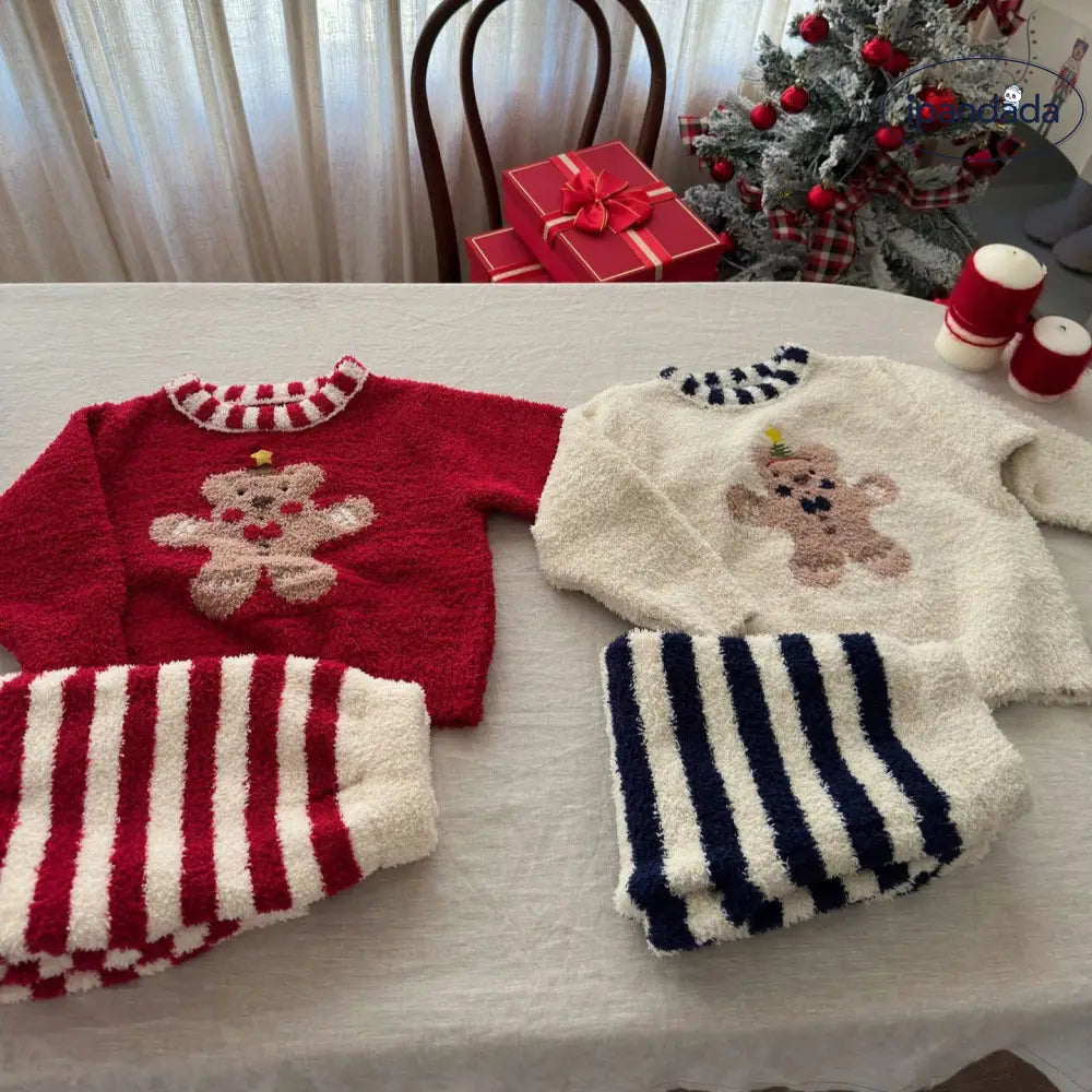 秋冬 キッズ 休闲 ゆったり 半分フリース ルームウェア セットアップ 男女兼用 中・小童 クリスマス クマ キャラクター パジャマ ID2671