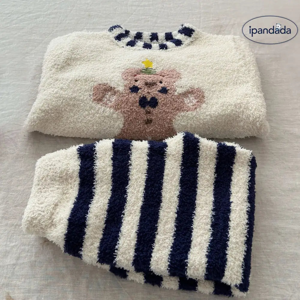 秋冬 キッズ 休闲 ゆったり 半分フリース ルームウェア セットアップ 男女兼用 中・小童 クリスマス クマ キャラクター パジャマ ID2671