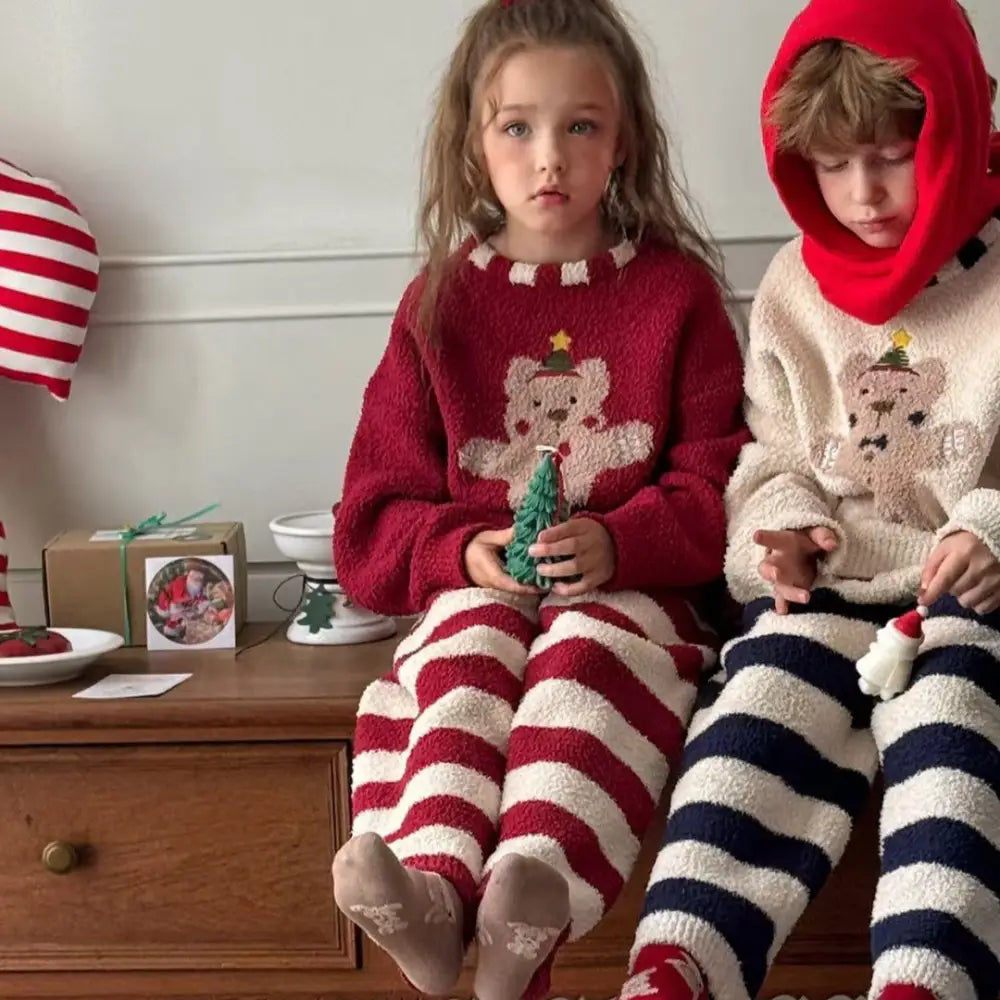 秋冬 キッズ 休闲 ゆったり 半分フリース ルームウェア セットアップ 男女兼用 中・小童 クリスマス クマ キャラクター パジャマ ID2671